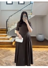 KAHVE KISA KOL KETEN ELBİSE -2402