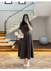 KAHVE KISA KOL KETEN ELBİSE -2402