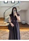 KAHVE KRUVAZE YAKA KEMER DETAY ELBİSE -4094