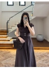 KAHVE KRUVAZE YAKA KEMER DETAY ELBİSE -4094