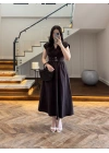 KAHVE KRUVAZE YAKA KEMER DETAY ELBİSE -4094
