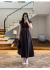 KAHVE KRUVAZE YAKA KEMER DETAY ELBİSE -4094