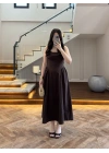 KAHVE KUŞAKLI ELBİSE- 3998