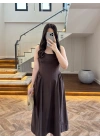 KAHVE KUŞAKLI ELBİSE- 3998