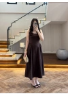 KAHVE KUŞAKLI ELBİSE- 3998