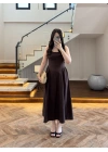 KAHVE KUŞAKLI ELBİSE- 3998
