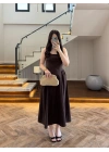 KAHVE KUŞAKLI ELBİSE- 3998