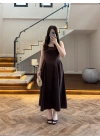 KAHVE KUŞAKLI ELBİSE- 3998