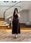 KAHVE KUŞAKLI ELBİSE- 3998