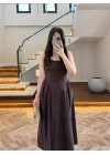 KAHVE KUŞAKLI ELBİSE- 3998
