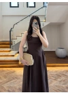 KAHVE KUŞAKLI ELBİSE- 3998