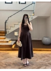 KAHVE KUŞAKLI ELBİSE- 3998