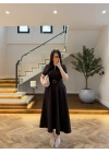 KAHVE ÖNDEN FERMUARLI KEMERLİ ELBİSE-4006
