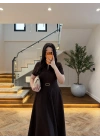 KAHVE ÖNDEN FERMUARLI KEMERLİ ELBİSE-4006