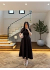 KAHVE ÖNDEN FERMUARLI KEMERLİ ELBİSE-4006