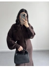KAHVE ÖNÜ DÜĞMELİ KUŞAKLI ELBİSE