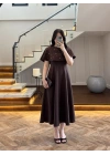 KAHVE PELERİNLİ TAŞLI ELBİSE -3198