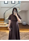 KAHVE PELERİNLİ TAŞLI ELBİSE -3198