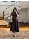 KAHVE PELERİNLİ TAŞLI ELBİSE -3198