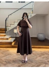 KAHVE PELERİNLİ TAŞLI ELBİSE -3198