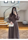 KAHVE PİLE DETAY ELBİSE -2399