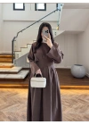 KAHVE PİLE DETAY ELBİSE -2399