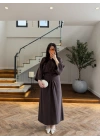 KAHVE PİLE DETAY YARASA KOL ELBİSE-26K5404