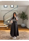 KAHVE PİLELİ GABARDİN ETEK-1238