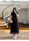 KAHVE SIRT BAĞLAMA DETAY TÜL ELBİSE -4076