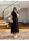 KAHVE SIRT BAĞLAMA DETAY TÜL ELBİSE -4076