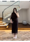 KAHVE TEK OMUZ DESENLİ SİMLİ ELBİSE -4033