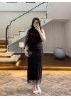 KAHVE TEK OMUZ DESENLİ SİMLİ ELBİSE -4033