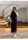 KAHVE TEK OMUZ DESENLİ SİMLİ ELBİSE -4033