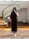 KAHVE TEK OMUZ DESENLİ SİMLİ ELBİSE -4033