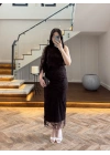 KAHVE TEK OMUZ DESENLİ SİMLİ ELBİSE -4033