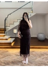 KAHVE TEK OMUZ DESENLİ SİMLİ ELBİSE -4033