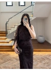 KAHVE TEK OMUZ DESENLİ SİMLİ ELBİSE -4033