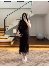 KAHVE TEK OMUZ DESENLİ SİMLİ ELBİSE -4033