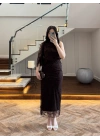 KAHVE TEK OMUZ DESENLİ SİMLİ ELBİSE -4033