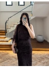 KAHVE TEK OMUZ DESENLİ SİMLİ ELBİSE -4033
