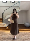 KAHVE TEK OMUZ KETEN ELBİSE-4160
