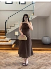 KAHVE TEK OMUZ KETEN ELBİSE-4160