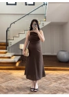 KAHVE TEK OMUZ KETEN ELBİSE-4160