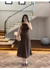 KAHVE TEK OMUZ KETEN ELBİSE-4160