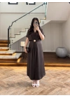 KAHVE TOKA DETAY BAĞLAMALI SATEN ELBİSE-26Y5295