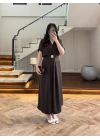 KAHVE TOKA DETAY BAĞLAMALI SATEN ELBİSE-26Y5295