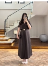 KAHVE TOKA DETAY BAĞLAMALI SATEN ELBİSE-26Y5295