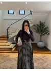 (ÖN SİPARİŞ) KAHVE UZUN KOL EKOSE DETAY ELBİSE-4196