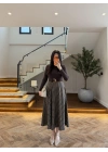 (ÖN SİPARİŞ) KAHVE UZUN KOL EKOSE DETAY ELBİSE-4196