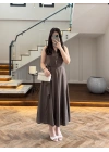 KAHVE V YAKA ELBİSE-3453